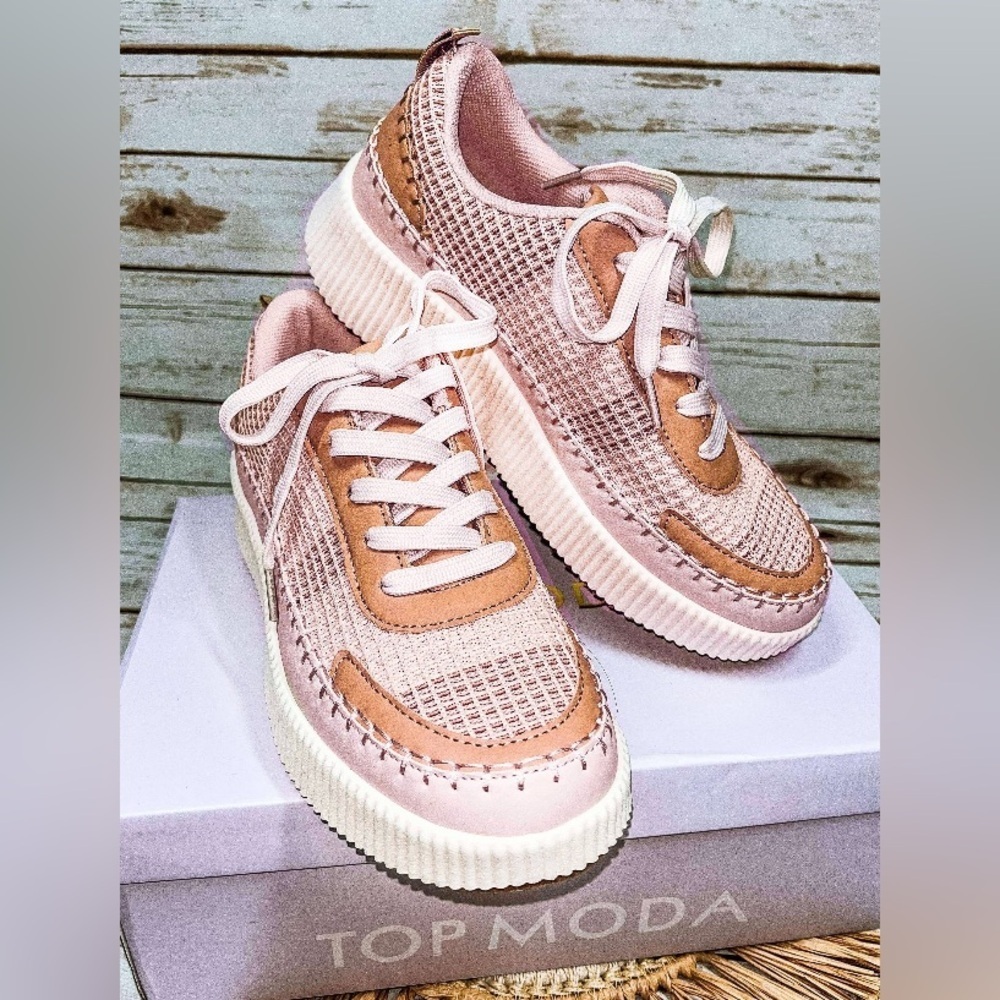 TOP Moda Women's Stylish Pink and Tan Sneakers